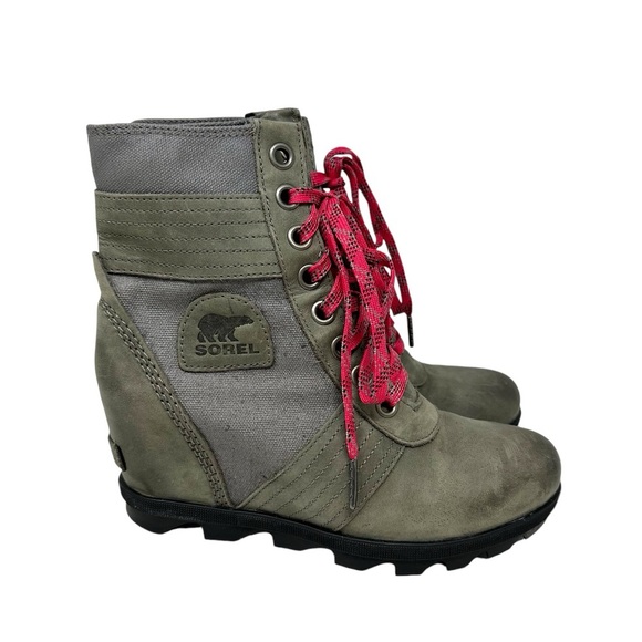 Sorel Lexie Leather Distressed Wedge Waterproof Boots Size 7.5 Grey Olive Green - Picture 15 of 15